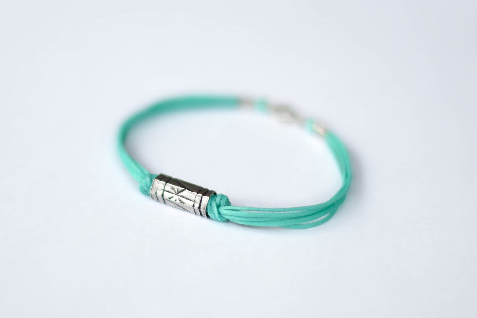 Turquoise cord bracelet for men, silver tube charm for him - shani-adi-jewerly