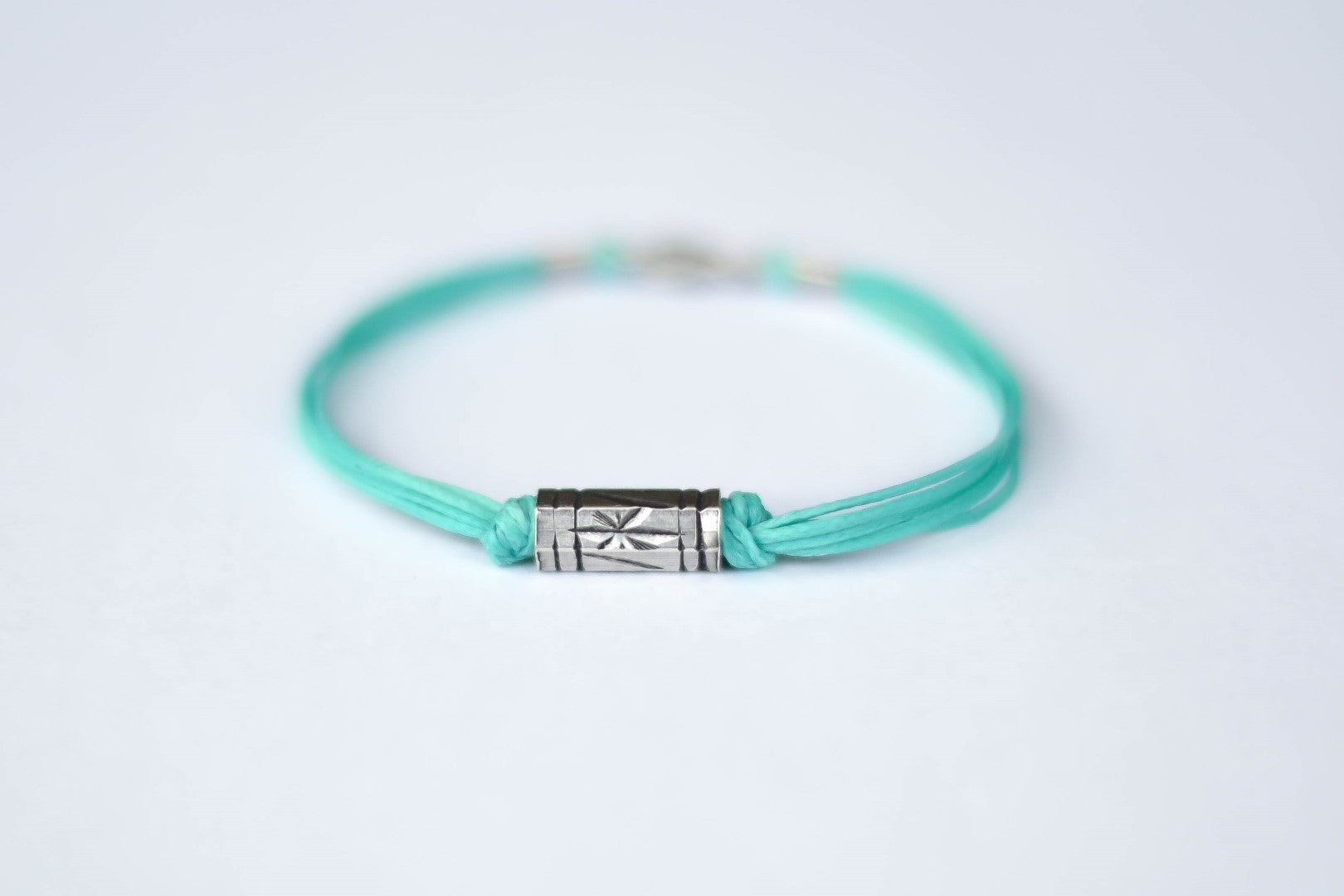 Turquoise cord bracelet for men, silver tube charm for him - shani-adi-jewerly