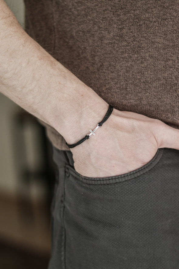 Silver cross bracelet for men, black double cord - shani-adi-jewerly