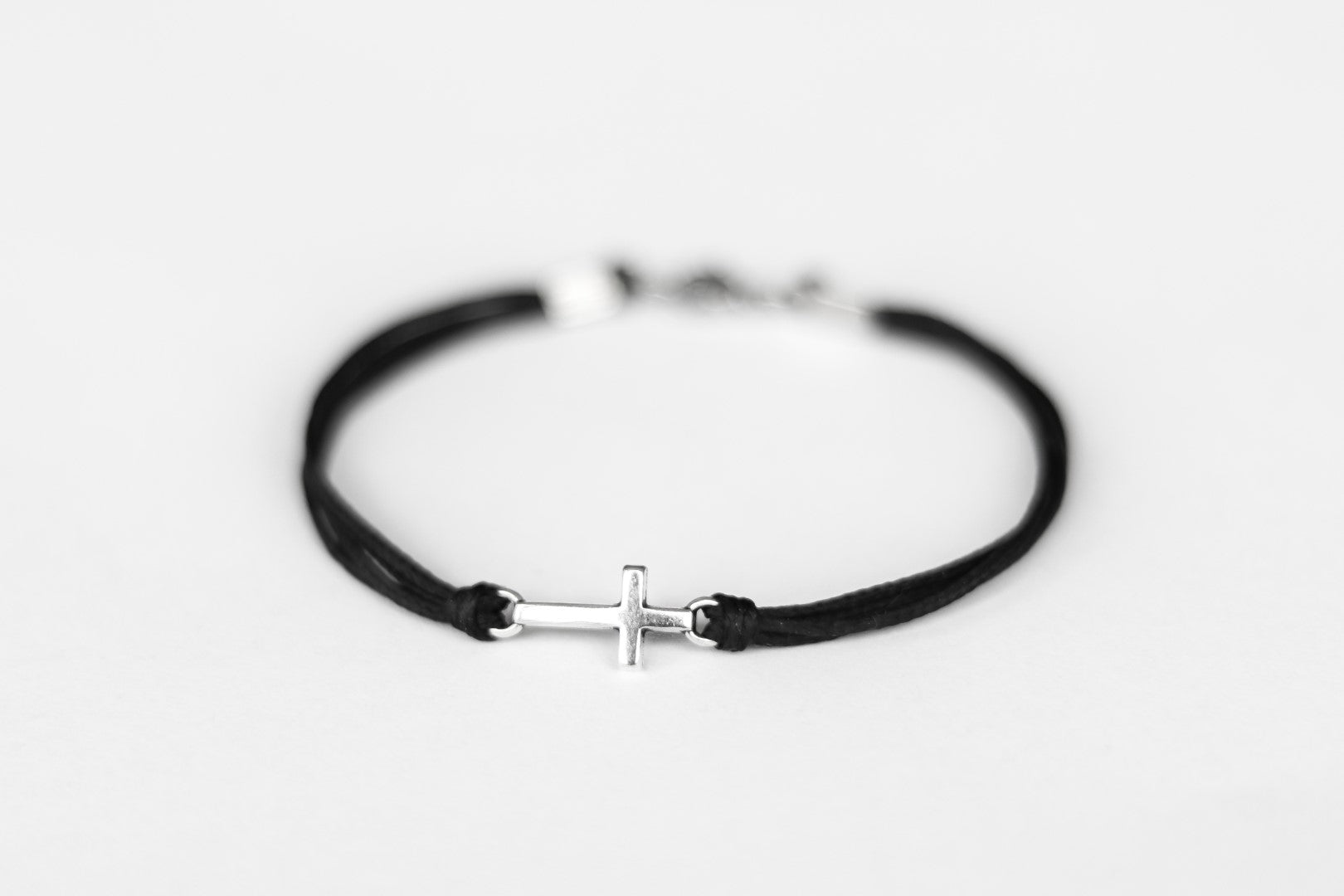 Silver cross bracelet for men, black double cord, handmade Christian g
