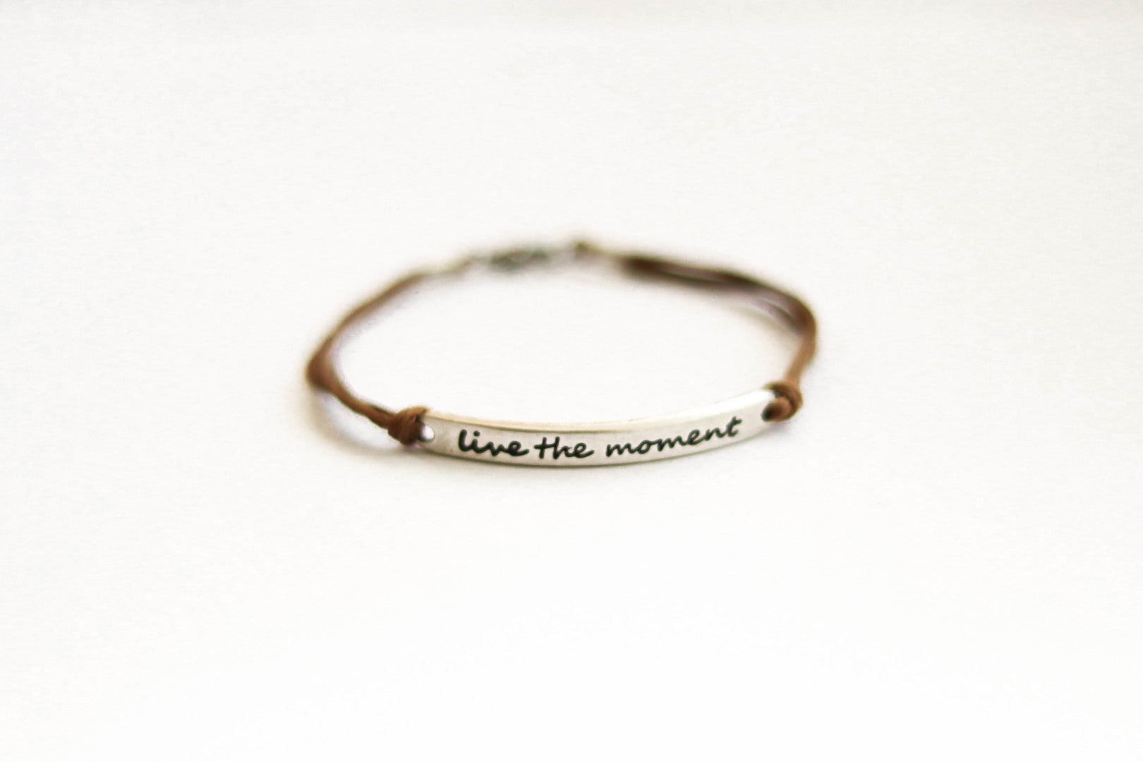 Silver 'Live the moment'' bracelet for men, brown cord, gift for him - shani-adi-jewerly