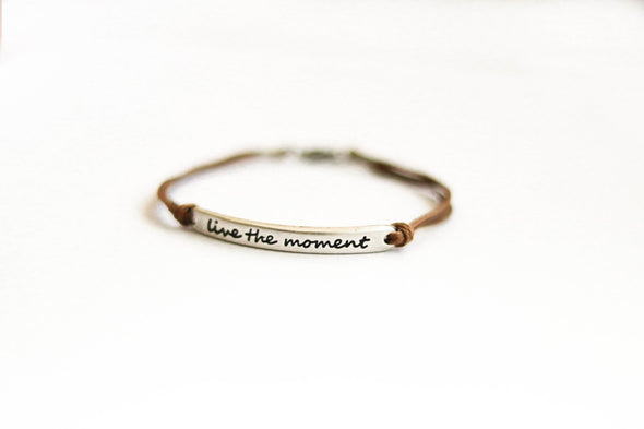 Silver 'Live the moment'' bracelet for men, brown cord, gift for him - shani-adi-jewerly