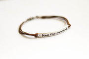 Silver 'Live the moment'' bracelet for men, brown cord, gift for him - shani-adi-jewerly