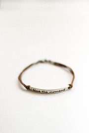 Silver 'Live the moment'' bracelet for men, brown cord, gift for him - shani-adi-jewerly