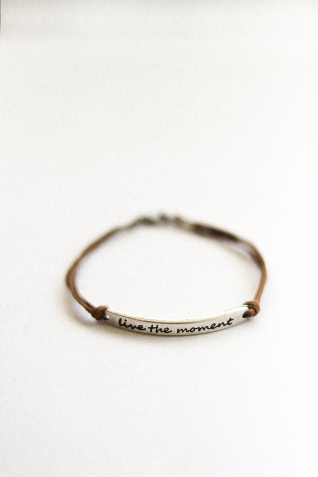 Silver 'Live the moment'' bracelet for men, brown cord, gift for him - shani-adi-jewerly