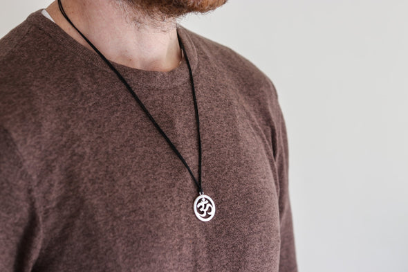 Men's necklace with a silver Om pendant, black cord - shani-adi-jewerly