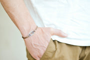 Bracelet for men, silver oval charm, brown cord - shani-adi-jewerly