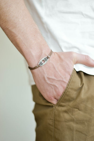 Bracelet for men, silver oval charm, brown cord - shani-adi-jewerly