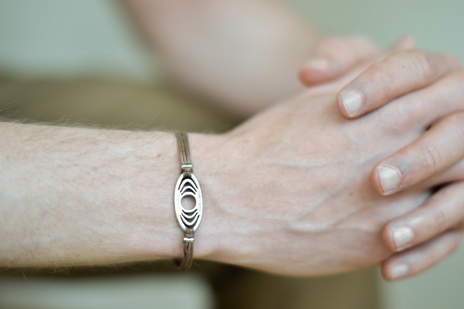 Bracelet for men, silver oval charm, brown cord - shani-adi-jewerly
