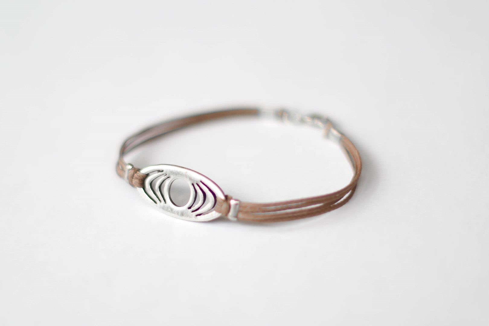 Bracelet for men, silver oval charm, brown cord - shani-adi-jewerly