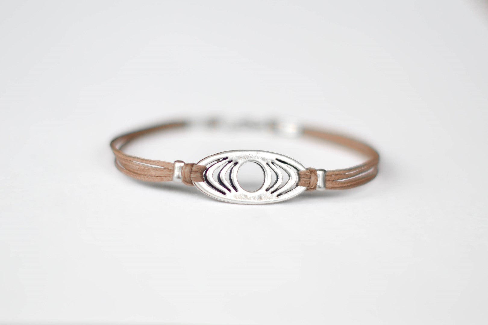 Bracelet for men, silver oval charm, brown cord - shani-adi-jewerly