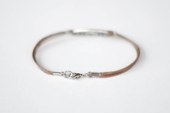 Bracelet for men, silver oval charm, brown cord - shani-adi-jewerly