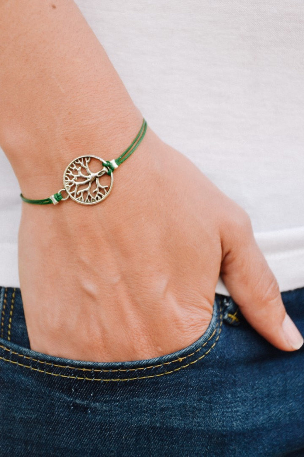Silver tree of life bracelet, green cord - shani-adi-jewerly