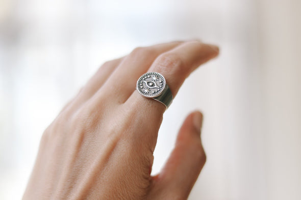 Silver evil eye coin ring for women - shani and Adi Jewelry