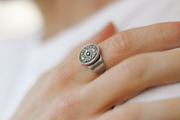 silver evil eye coin ring for men - shani and Adi Jewelry