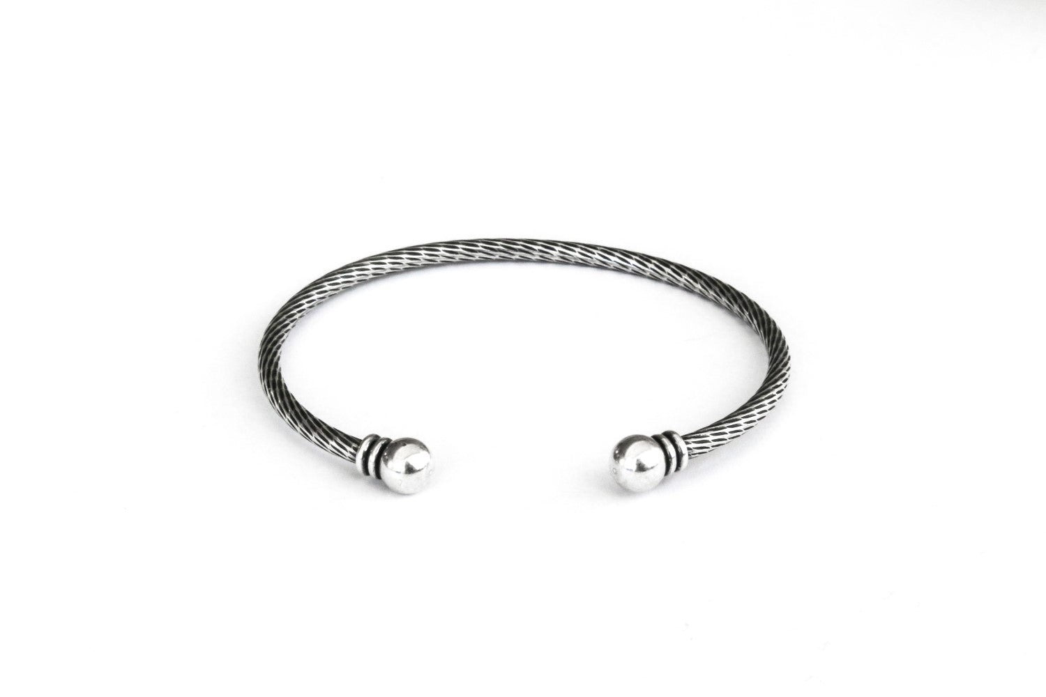 Men's bracelet, silver open cuff bracelet for men, balls edges tips, a
