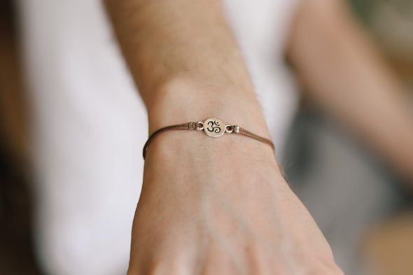 Silver Om charm bracelet for men, brown cord, personalised custom color and size, yoga bracelet