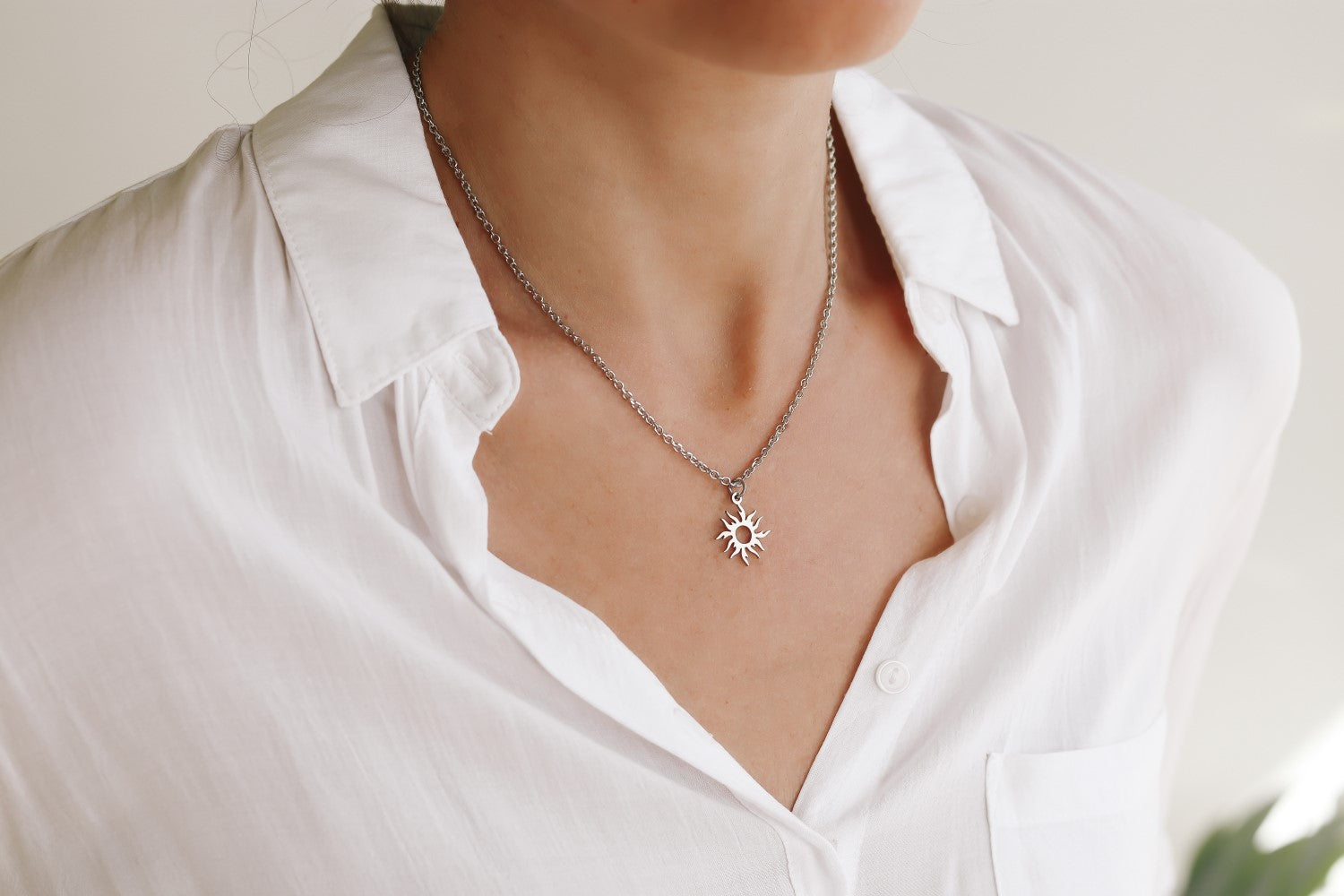 Silver sun necklace for women, stainless steel chain necklace, valentines day gift