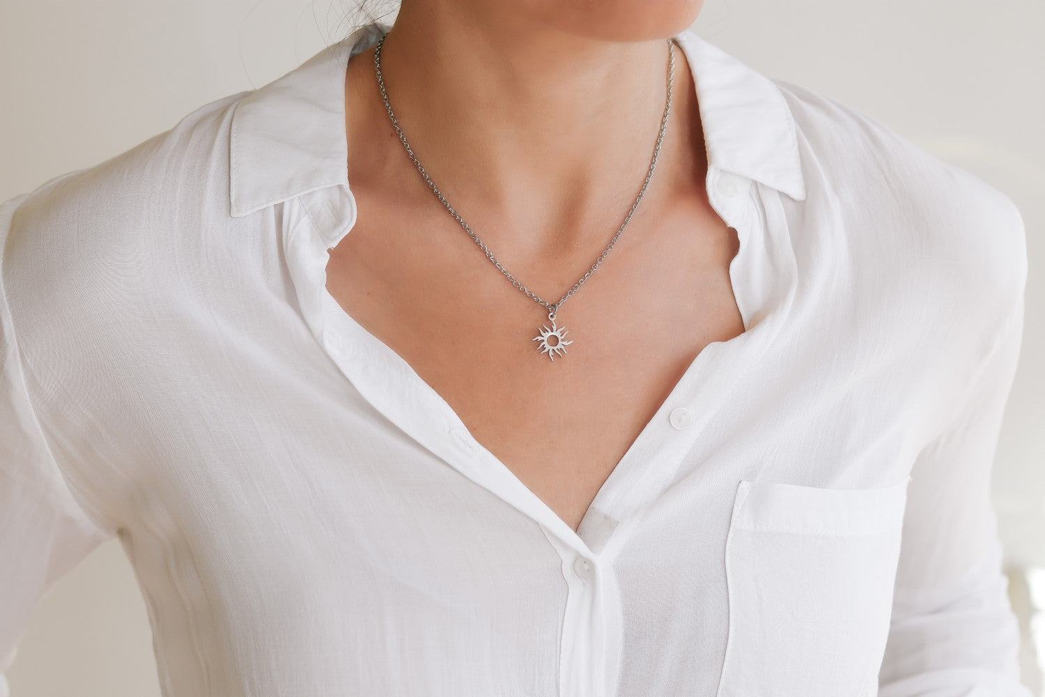 Silver sun necklace for women, stainless steel chain necklace, valentines day gift