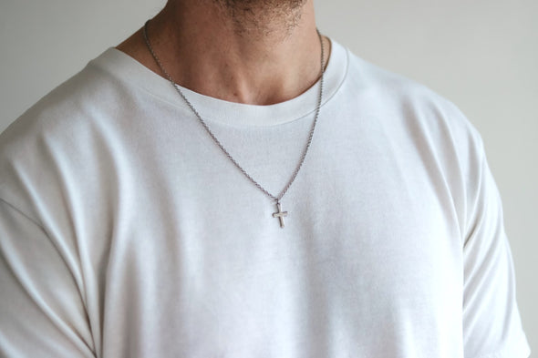 Silver cross necklace for men, stainless steel chain necklace, waterproof