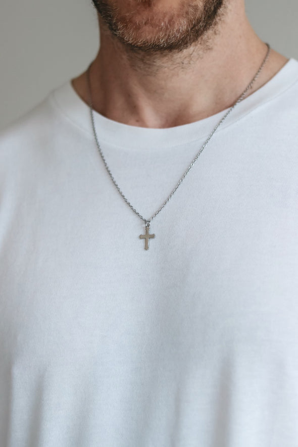 Silberne Kreuzkette für Männer, Edelstahlkette, wasserfest