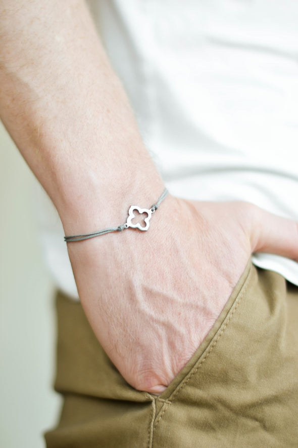 Bracelet for men, stainless steel clover charm, gray cord, waterproof bracelet - shani-adi-jewerly