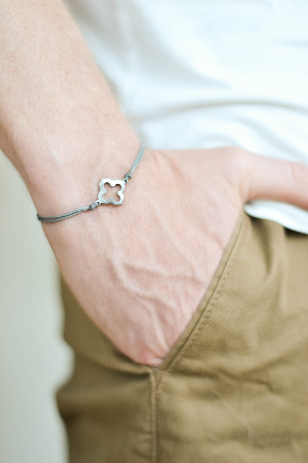 Bracelet for men, stainless steel clover charm, gray cord, waterproof bracelet - shani-adi-jewerly