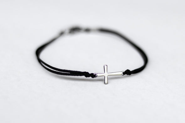 handmade silver cross bracelet for women, black cord - shani and adi jewelry