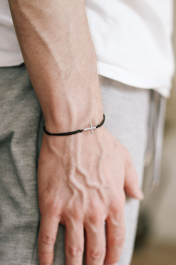 handmade silver cross bracelet for men, black cord - shani and adi jewelry