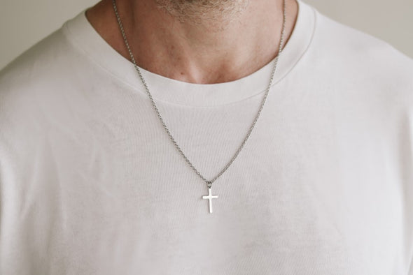 Cross necklace for men, mens necklace waterproof steel cross pendant, silver chain gift for him, christian catholic necklace
