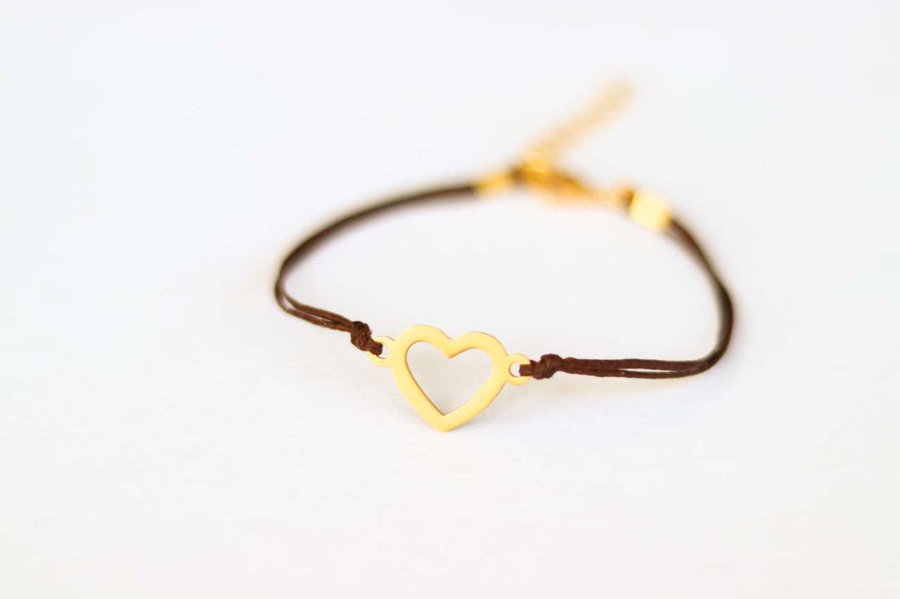 gold heart bracelet brown string for women