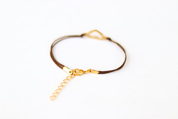 Gold heart bracelet, brown cord, personalised jewelry