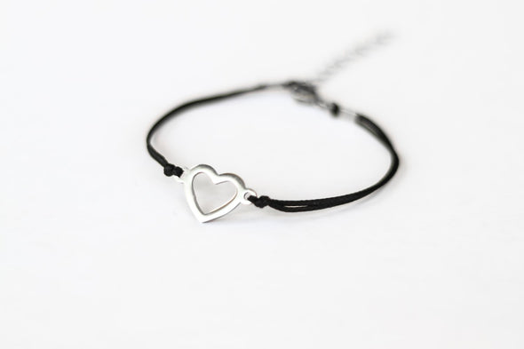 Silver heart bracelet, black cord, personalised jewelry, waterproof