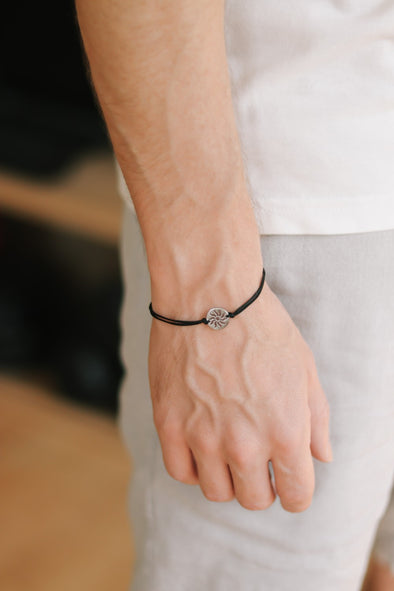 Sun bracelet for men, men's bracelet silver sun charm, black string, stainless steel bracelet, gift for him, Yoga bracelet, minimalist