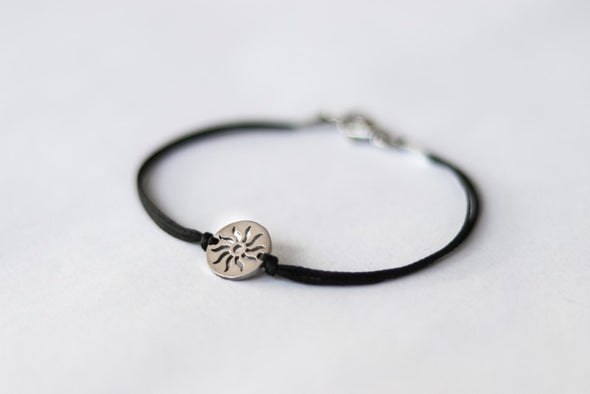 Sun bracelet, women bracelet with silver sun charm, custom color, black cord, gift for her, bridesmaids gift, black bracelet waterproof
