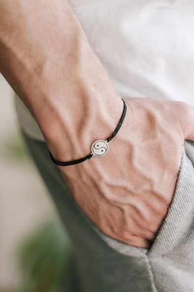 silver yin and yang bracelet for men black cord - shani and Adi Jewelry
