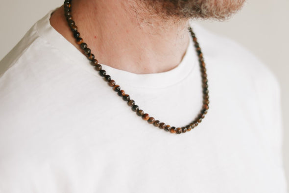 Tiger Eye necklace for men, Beaded necklace, men's necklace with brown beads, 6mm beads, good luck, adjustable, gift for him, mens jewelry