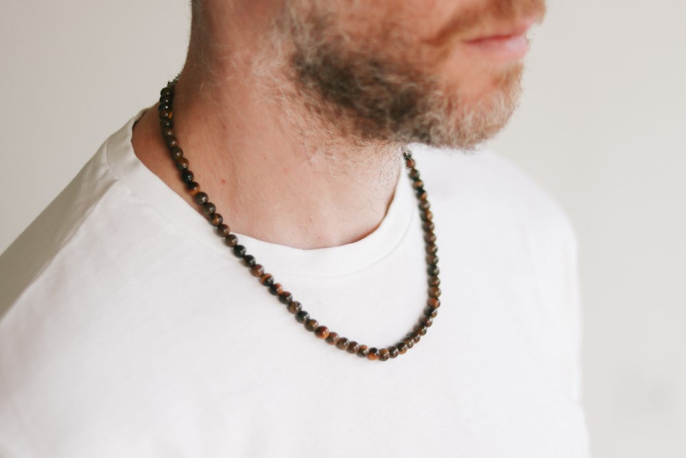 Twisted Cross Mens Tiger Eye Bead Necklace